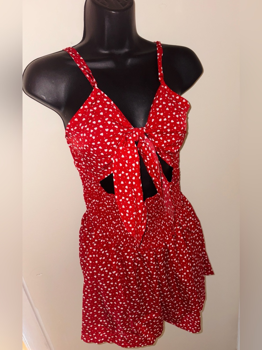 Red / White Hearts Print Tie-Front Romper